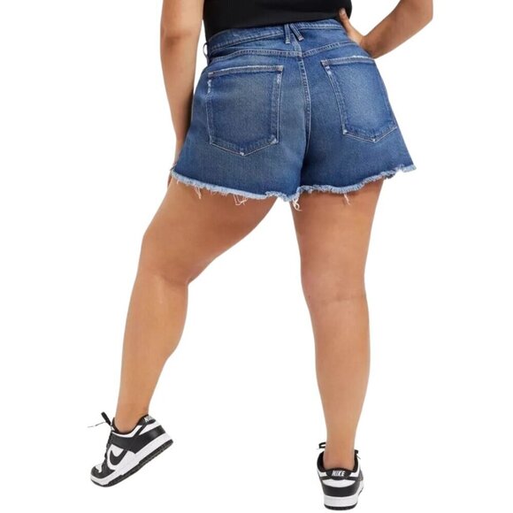 NEW Good American Good 90's Raw Hem Distressed Jean Shorts in Blue645 Sz. 22 - Picture 3 of 4